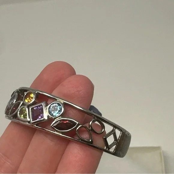 Rhodium Over Sterling Silver Multi-Colored Stone Cuff Bangle Bracelet 925 - Picture 8 of 10
